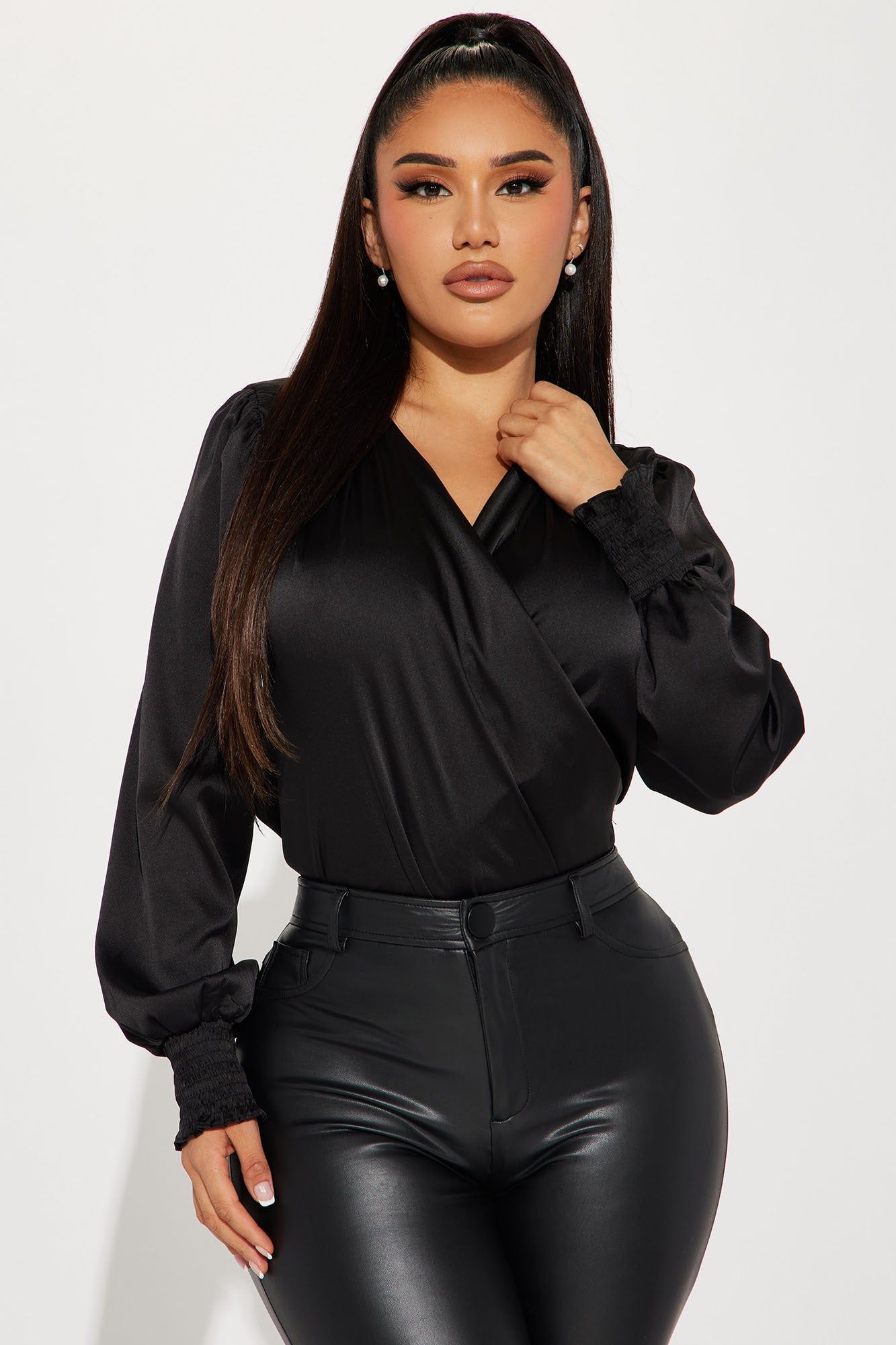 Dinner and Drinks Satin Blouse Top - Black sold by Fashion Nova