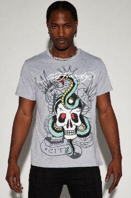Ed Hardy Skull Snake Design Short Sleeve Tee - Heather Grey sold by Fashion Nova
