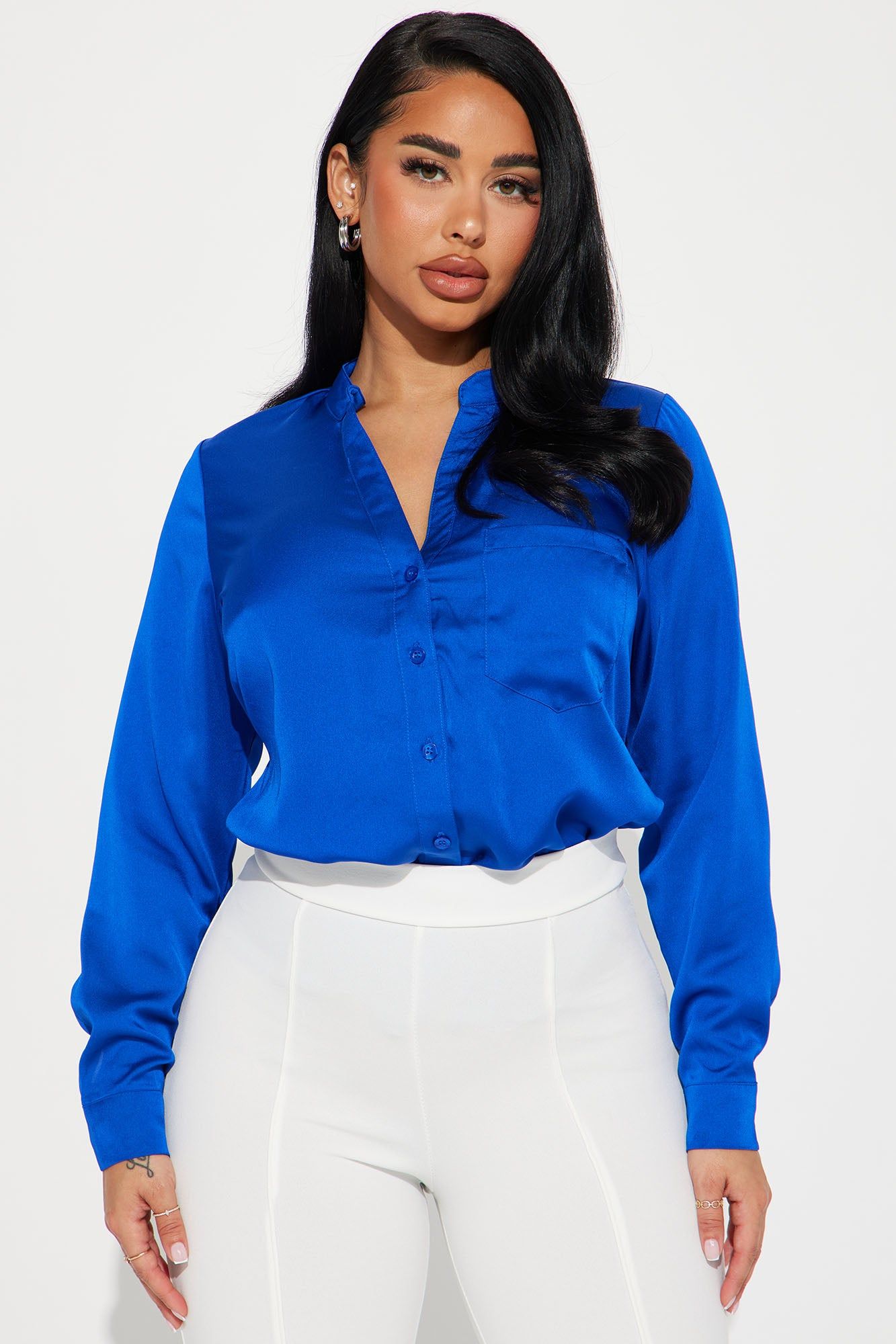 Beth Satin Shirt - Royal sold by Fashion Nova