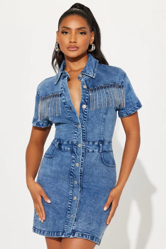 Kourt Embellished Mini Dress - Dark Wash sold by Fashion Nova