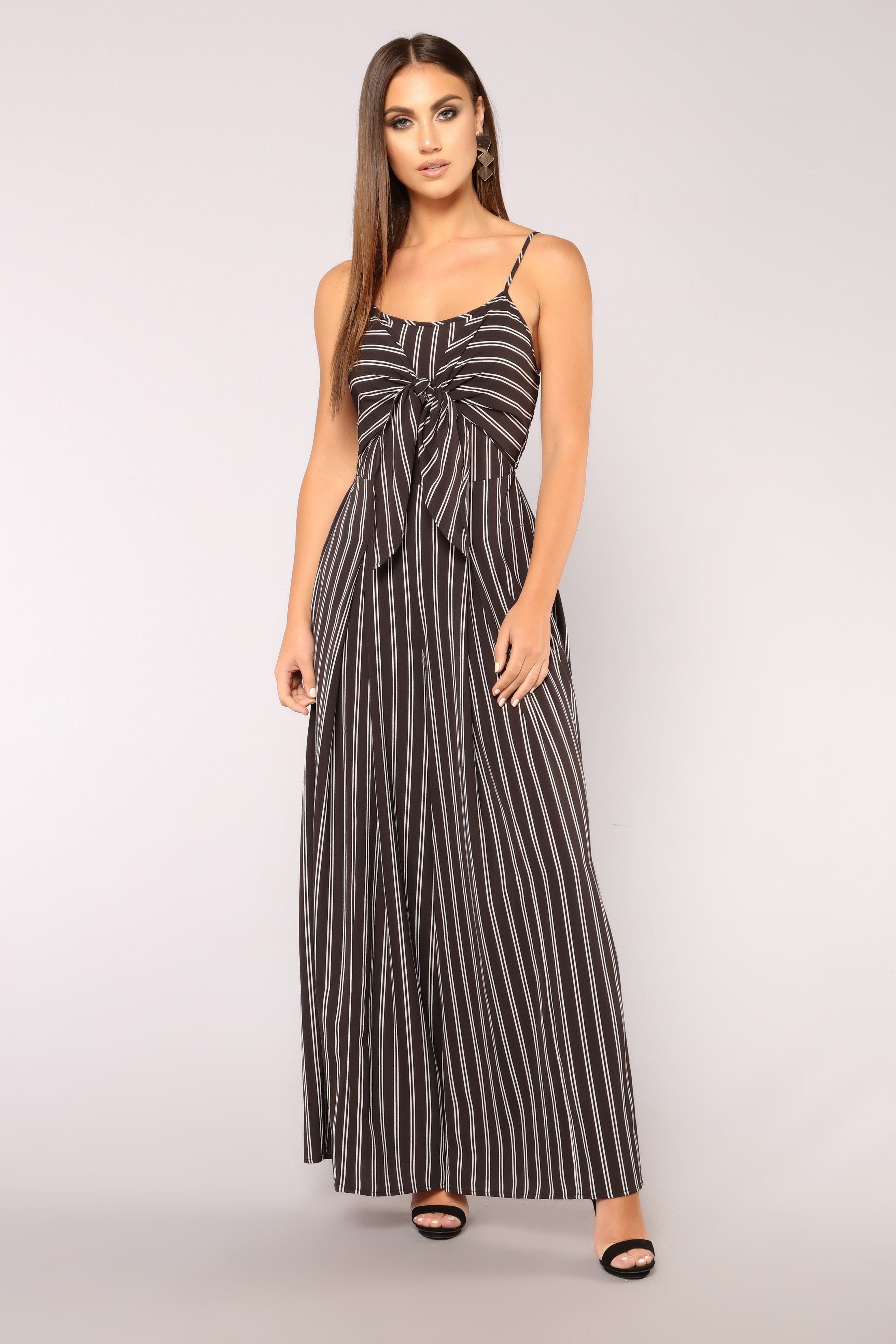 Social Networking Stripe Jumpsuit - Black/White sold by Fashion Nova