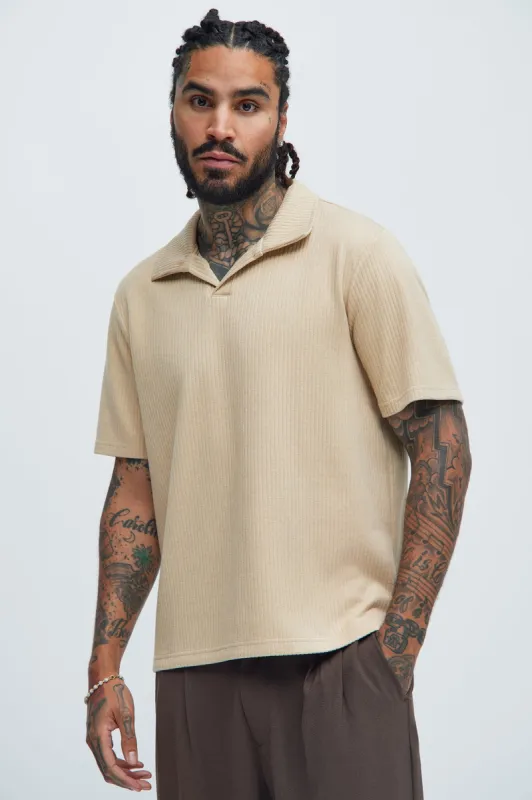 Franklin Stripe Knit Johnny Collar Shirt - Tan sold by Fashion Nova
