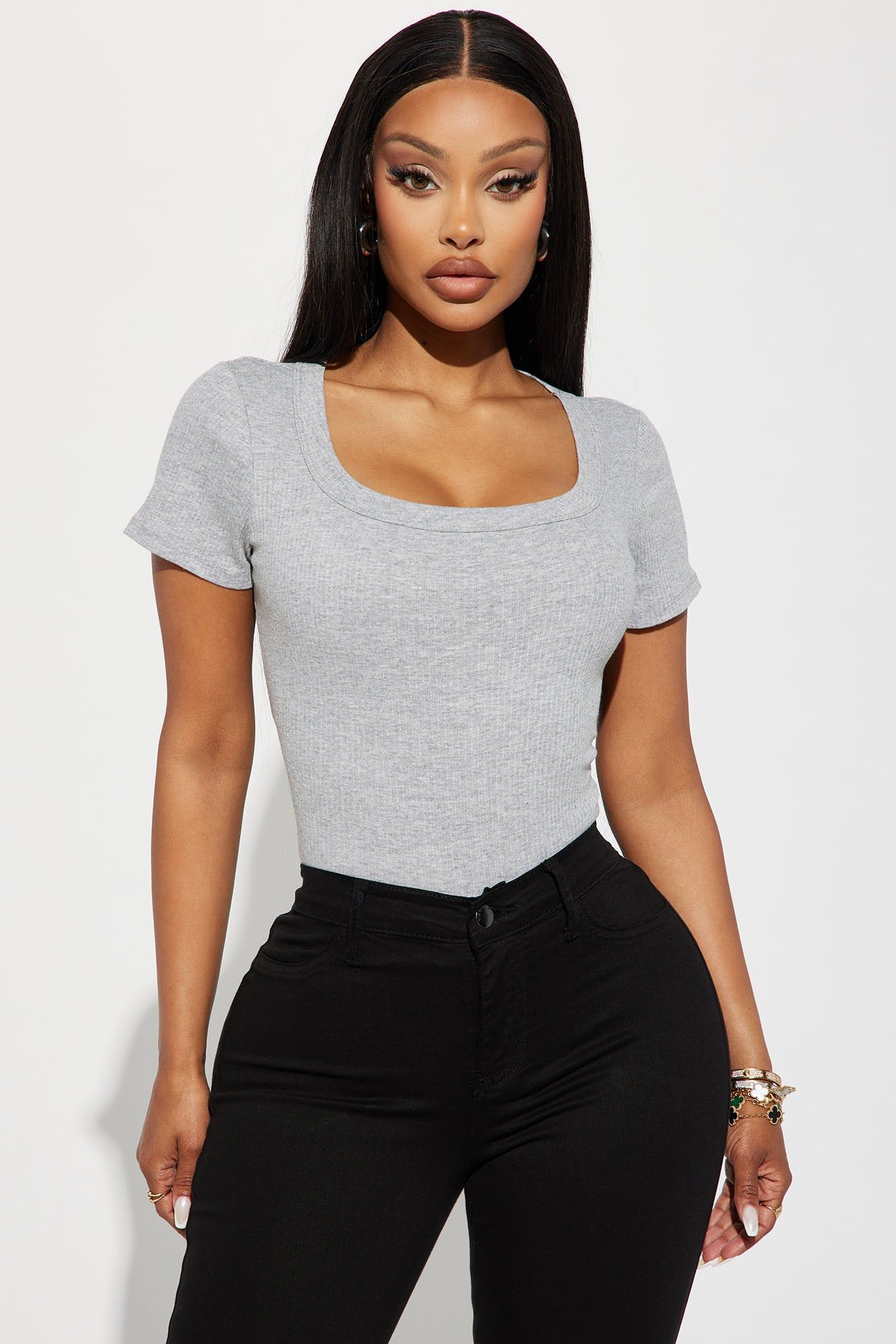 Kourtney Ribbed Baby Tee - Heather Grey sold by Fashion Nova