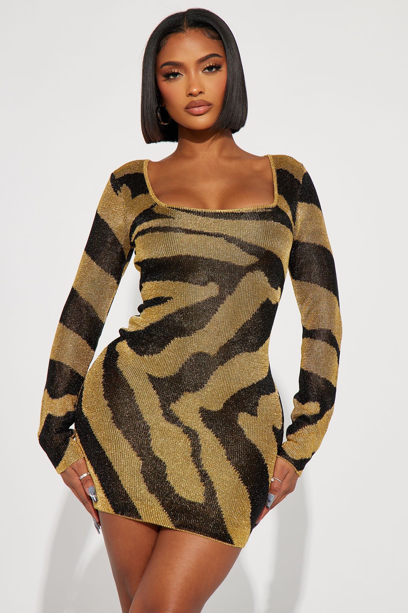 Elsie Metallic Mini Dress - Gold/Black sold by Fashion Nova