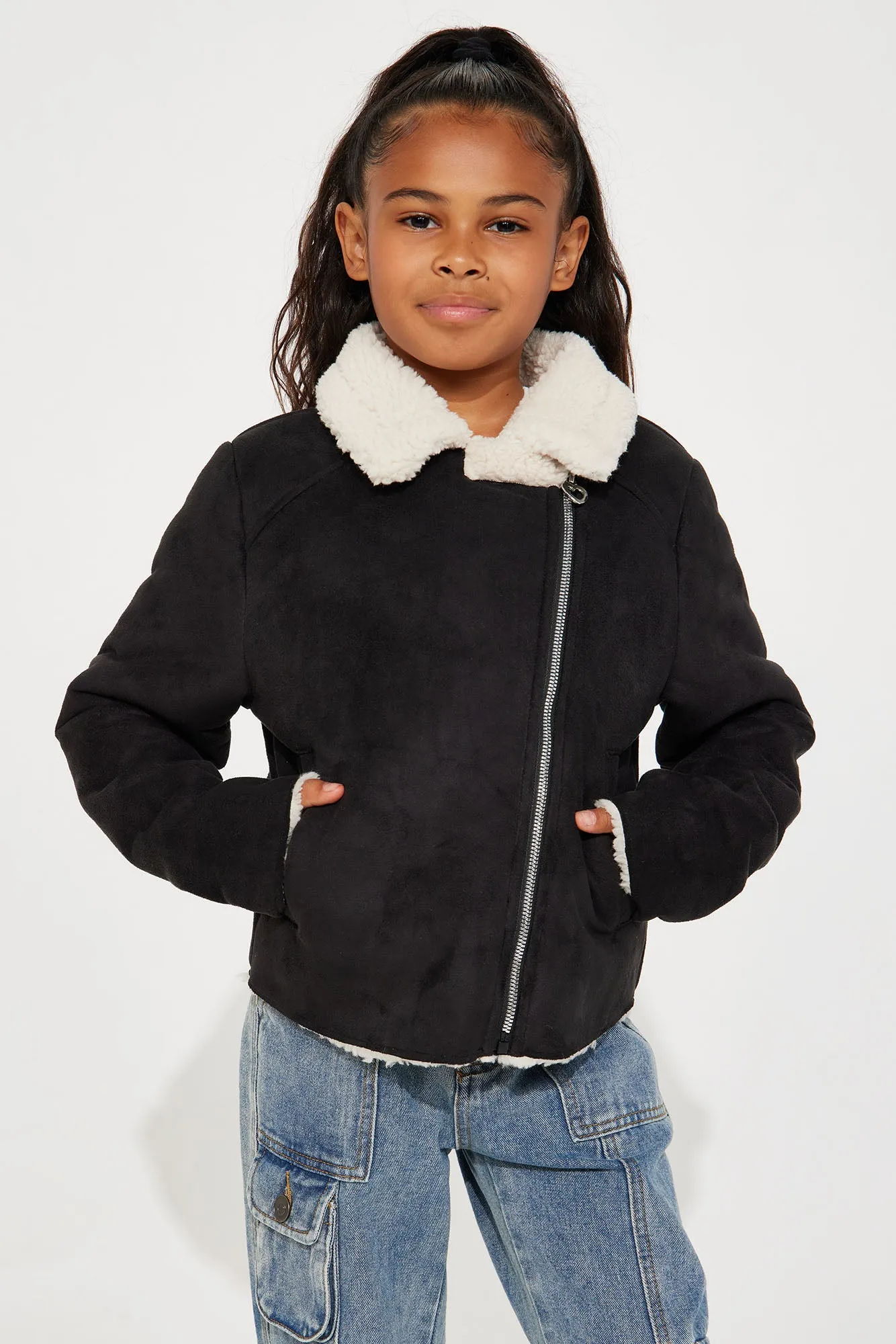 Mini Cold Yet Cute Sherpa Lined Moto Jacket - Black sold by Fashion Nova