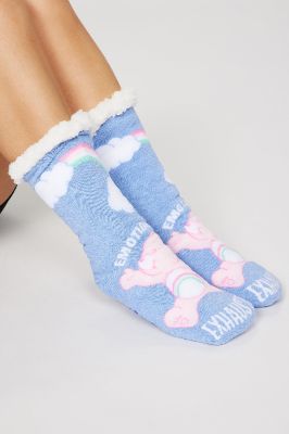 Emotionally Exhausted Care Bear Socks - Blue/combo sold by Fashion Nova