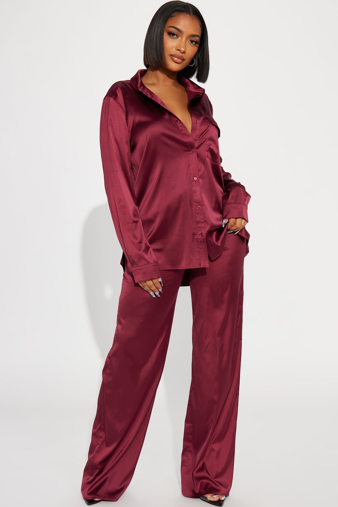 Mila Satin Pant Set - Burgundy sold by Fashion Nova