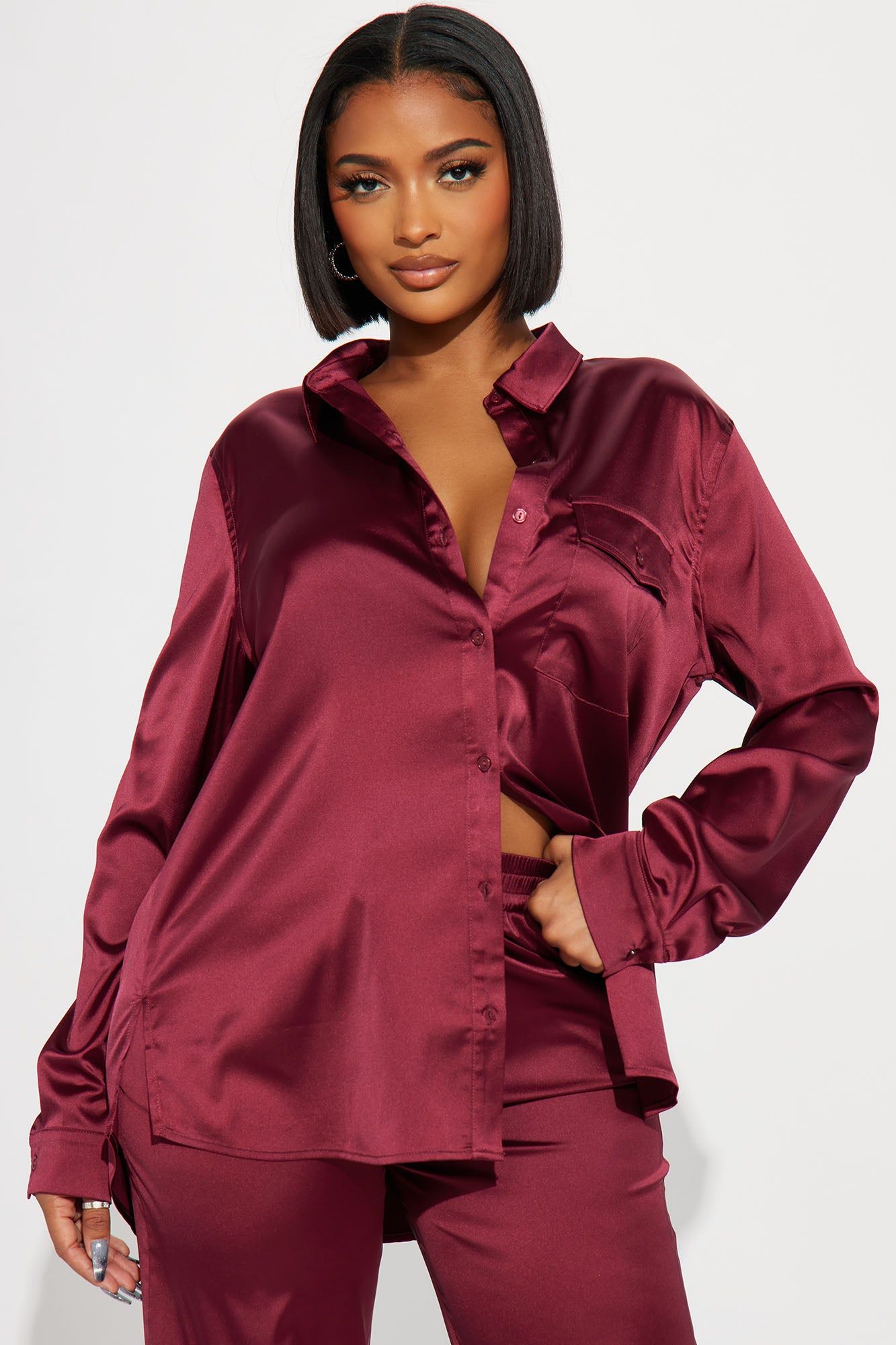 Mila Satin Pant Set - Burgundy sold by Fashion Nova product image thumbnail 2