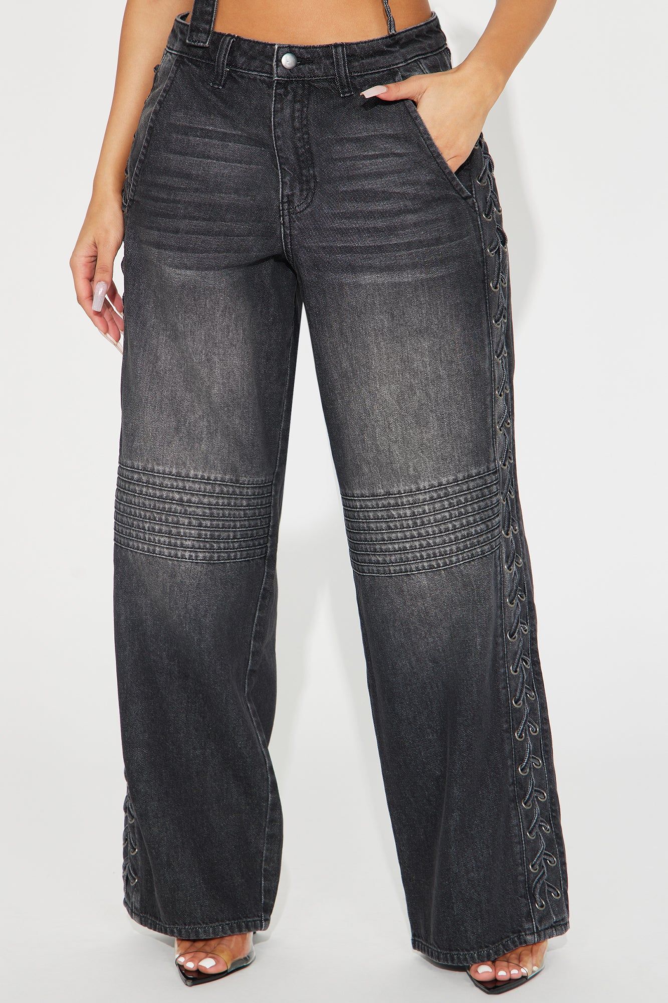 Broken Promises Baggy Moto Jeans - Black Wash sold by Fashion Nova product image thumbnail 2