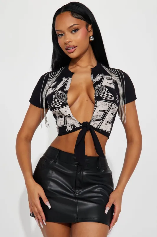 Living On The Edge Rhinestone Tee - Black sold by Fashion Nova