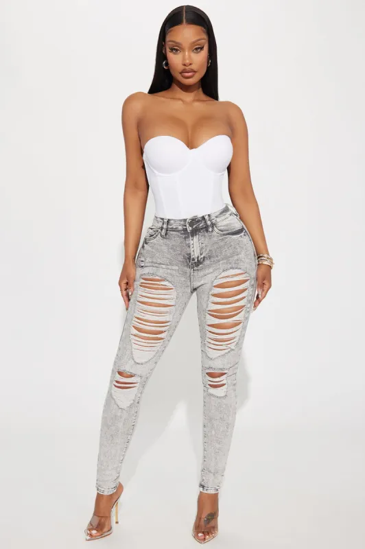 Wait For Your Love Stretch Ripped Skinny Jeans - Grey sold by Fashion Nova