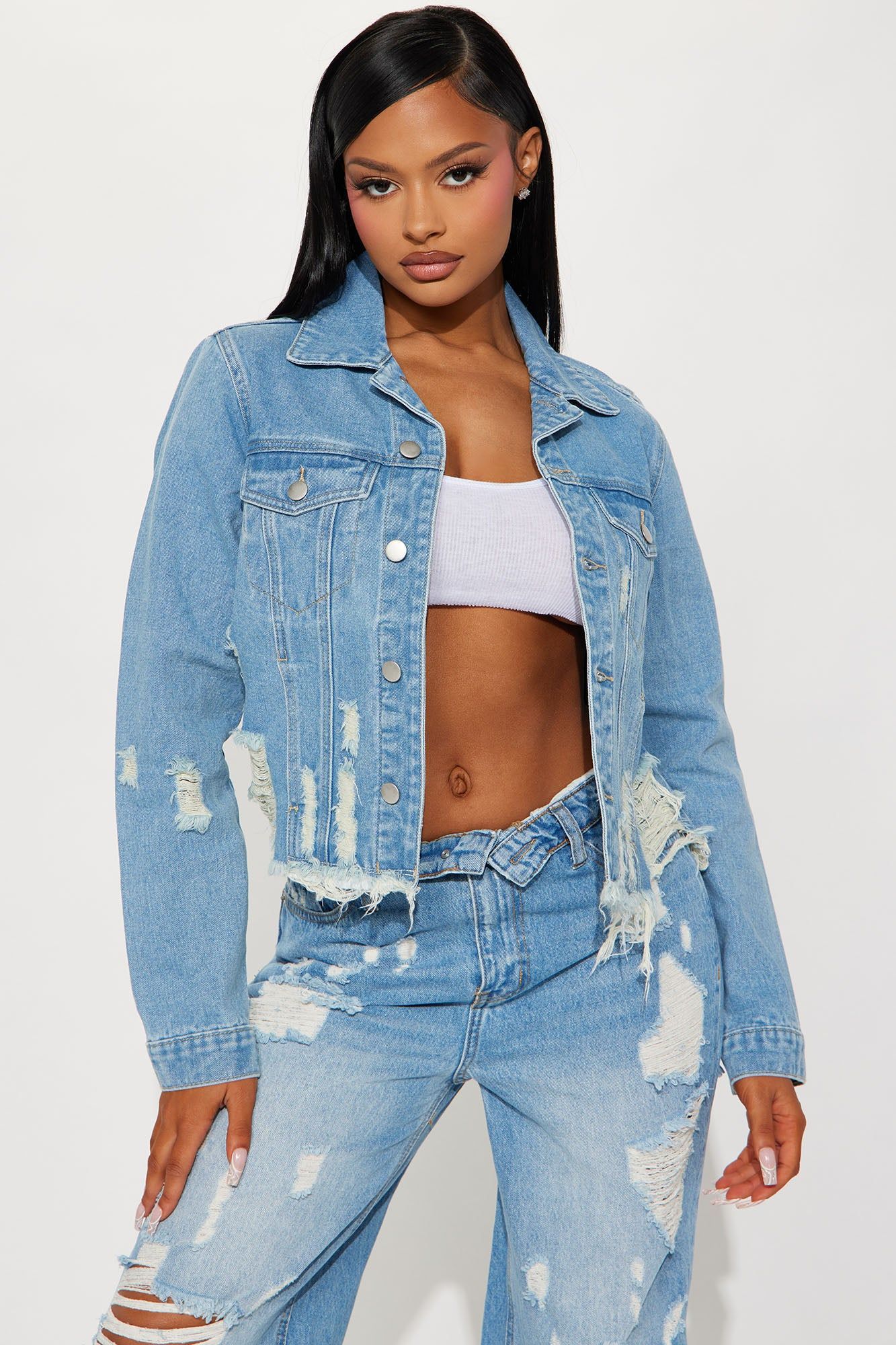 More Drama Ripped Non Stretch Denim Jacket - Light Wash sold by Fashion Nova