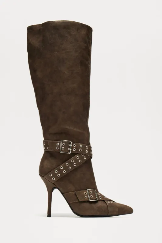 London Buckle Knee High Boots - Charcoal sold by Fashion Nova