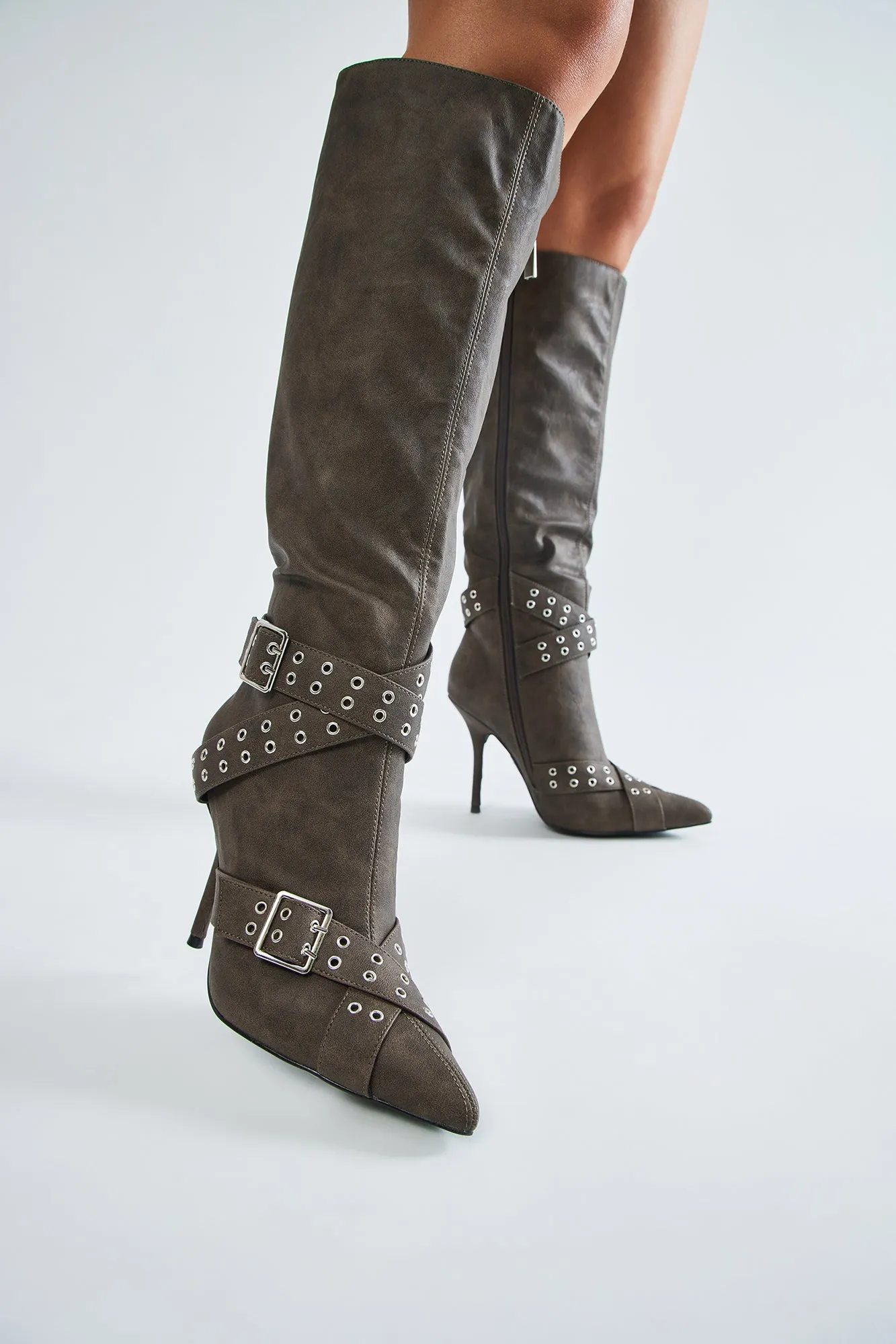 London Buckle Knee High Boots - Charcoal sold by Fashion Nova product image thumbnail 4