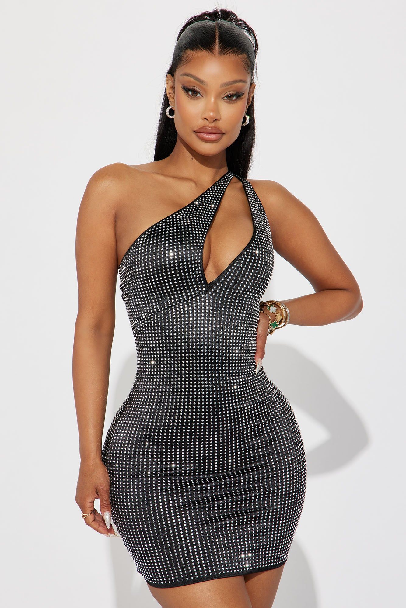 Palmer Rhinestone Mini Dress - Black/Silver sold by Fashion Nova