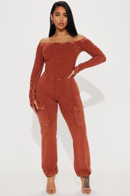 Not An Issue Washed Jumpsuit - Rust sold by Fashion Nova