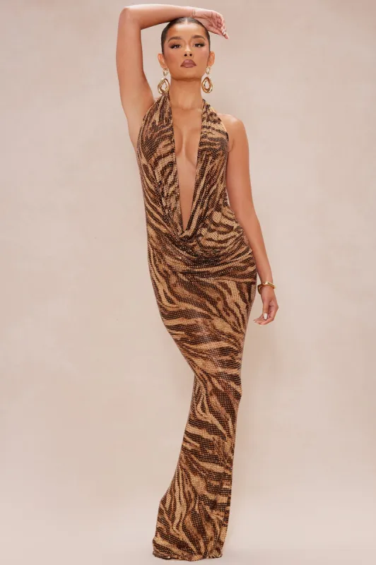 Alexis Rhinestone Maxi Dress - Chocolate sold by Fashion Nova