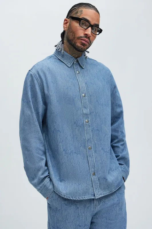 Water Brush Denim Shirt - Light Blue sold by Fashion Nova