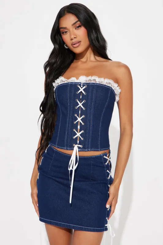 Sweet Energy Denim Skirt Set - Dark Wash sold by Fashion Nova