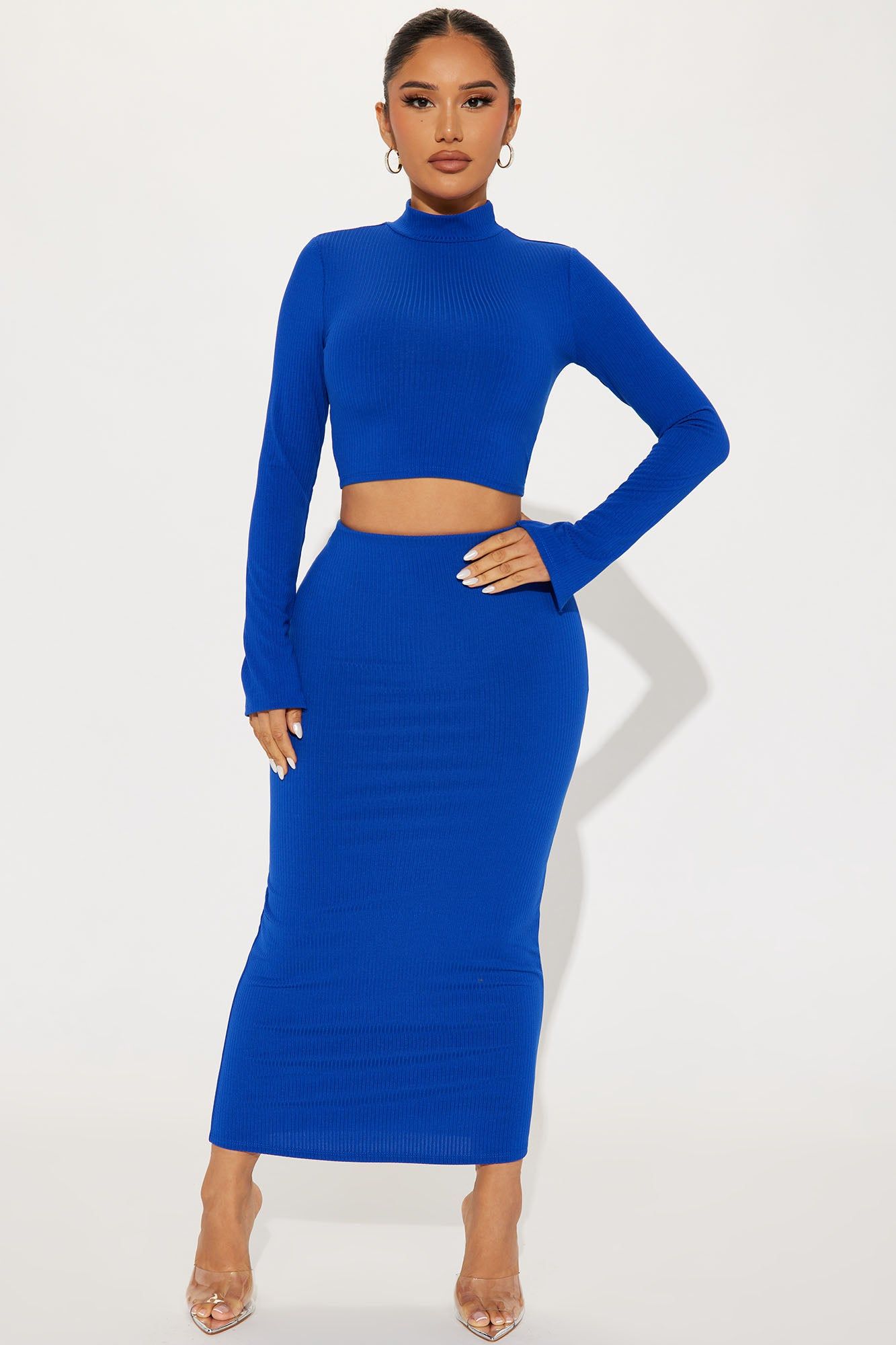Modern Day Chic Ribbed Skirt Set - Blue sold by Fashion Nova