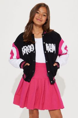 Mini Brooklyn Button Front Varsity Jacket - Black/White sold by Fashion Nova