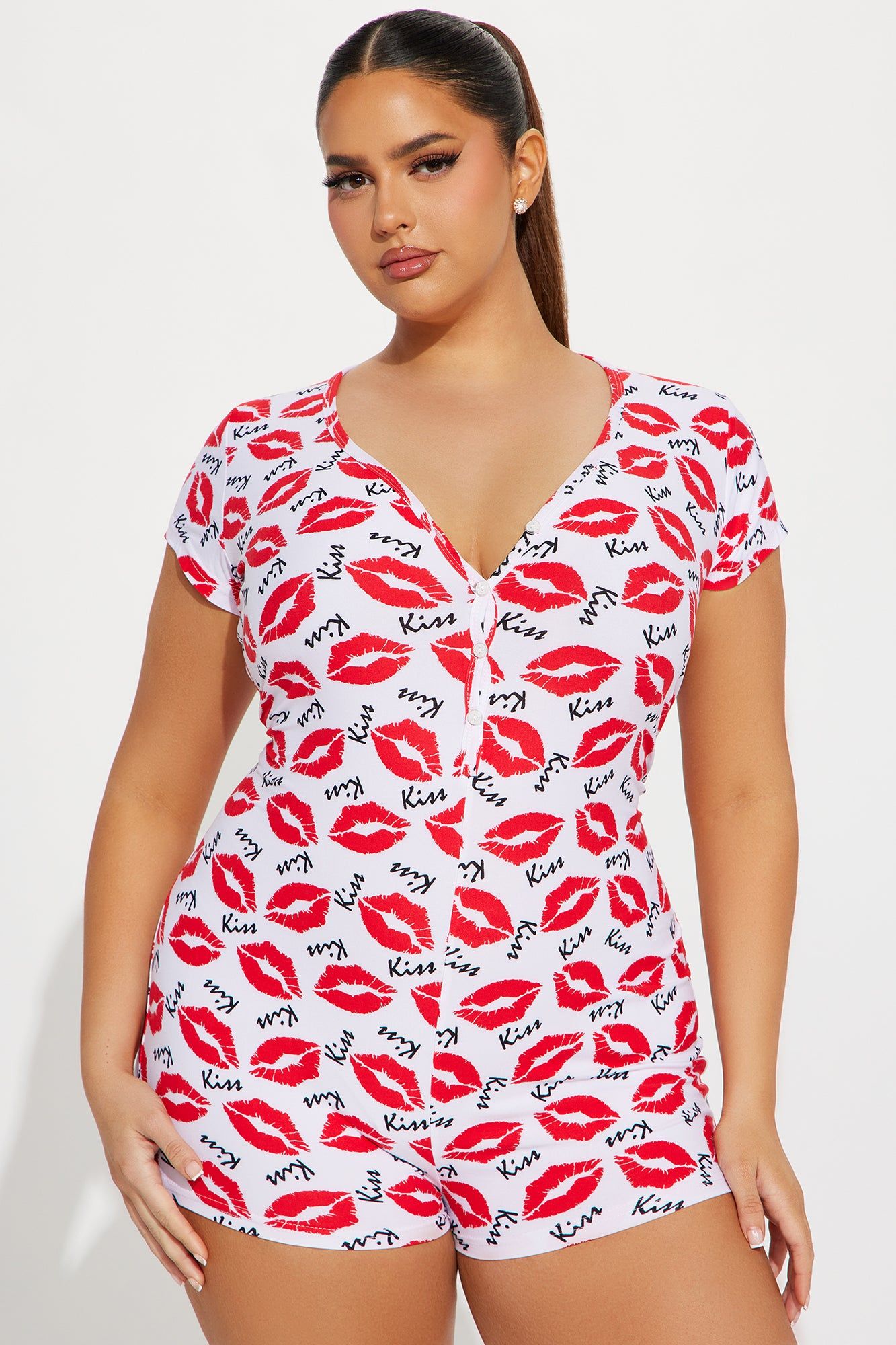 Let's Kiss PJ Romper Onesie - Red/White sold by Fashion Nova product image thumbnail 5
