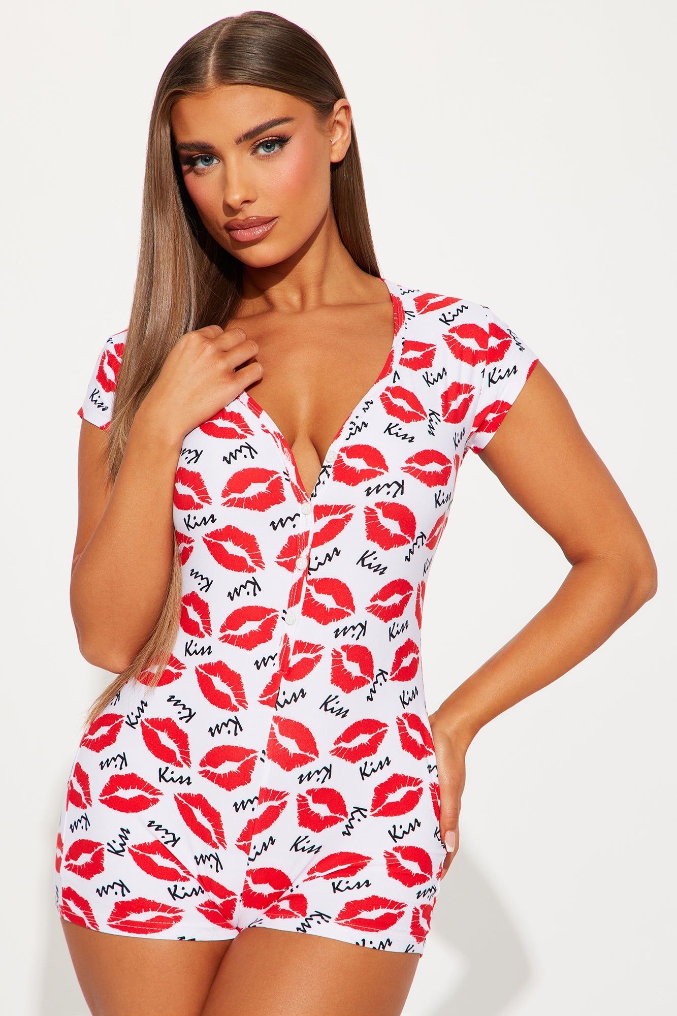 Let's Kiss PJ Romper Onesie - Red/White sold by Fashion Nova