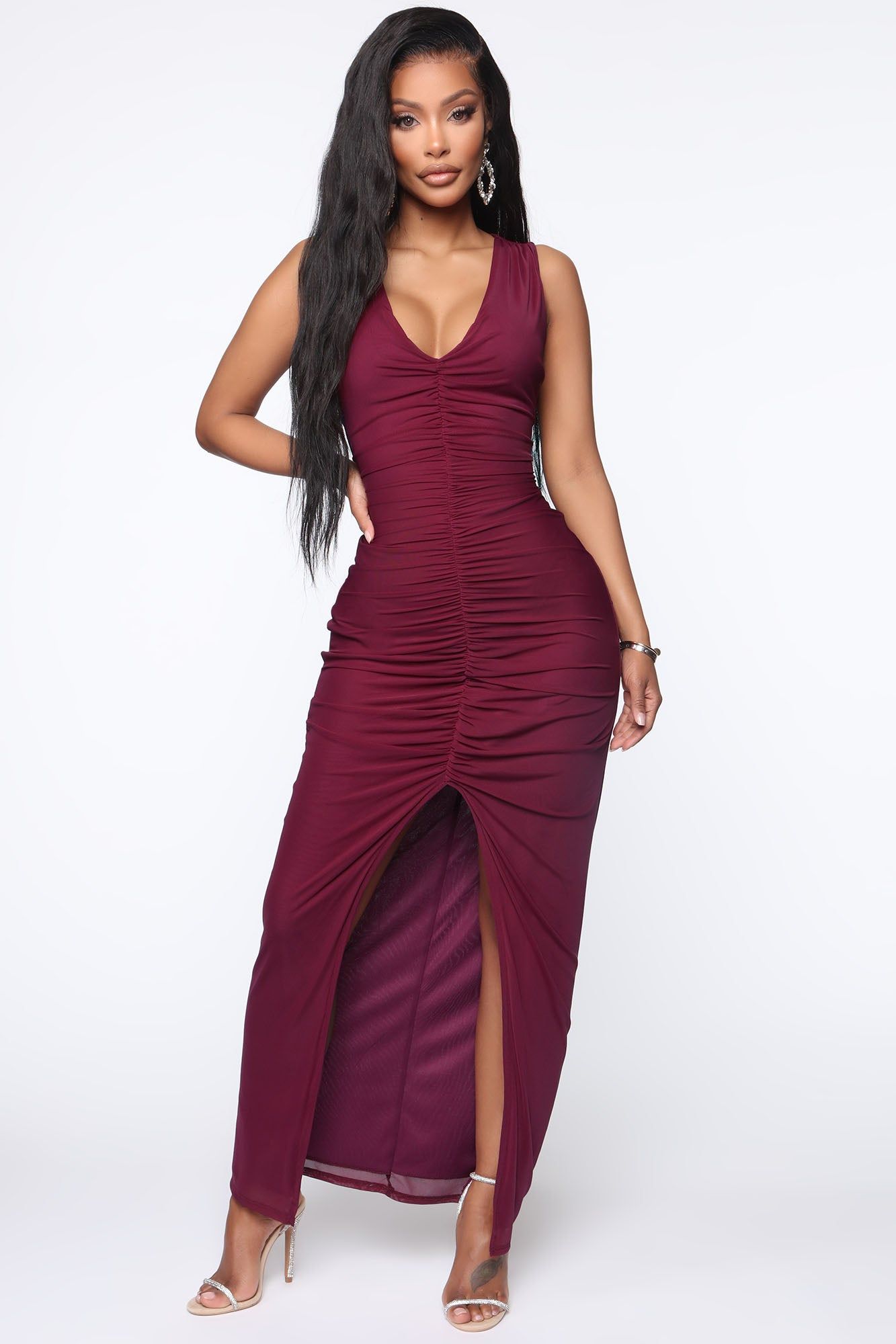 Don't Ruche Me Mesh Maxi Dress - Burgundy sold by Fashion Nova