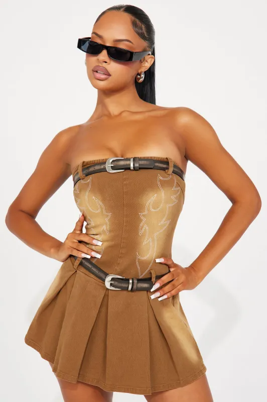 Out West Denim Micro Mini Dress - Brown sold by Fashion Nova
