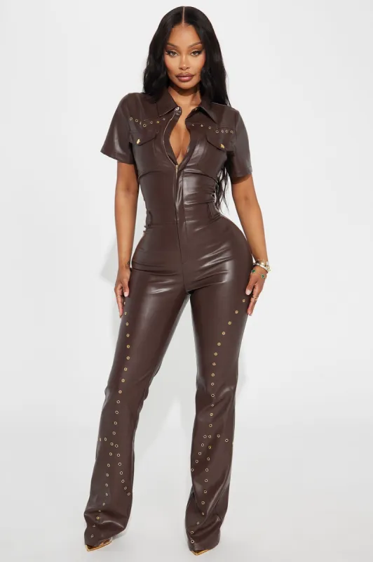 Raleigh Faux Leather Jumpsuit - Brown sold by Fashion Nova
