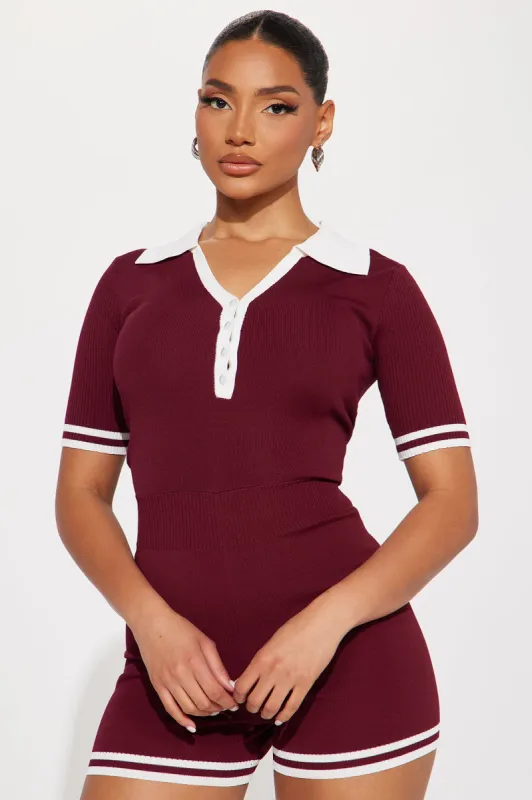Coffee Date Sweater Romper - Burgundy sold by Fashion Nova