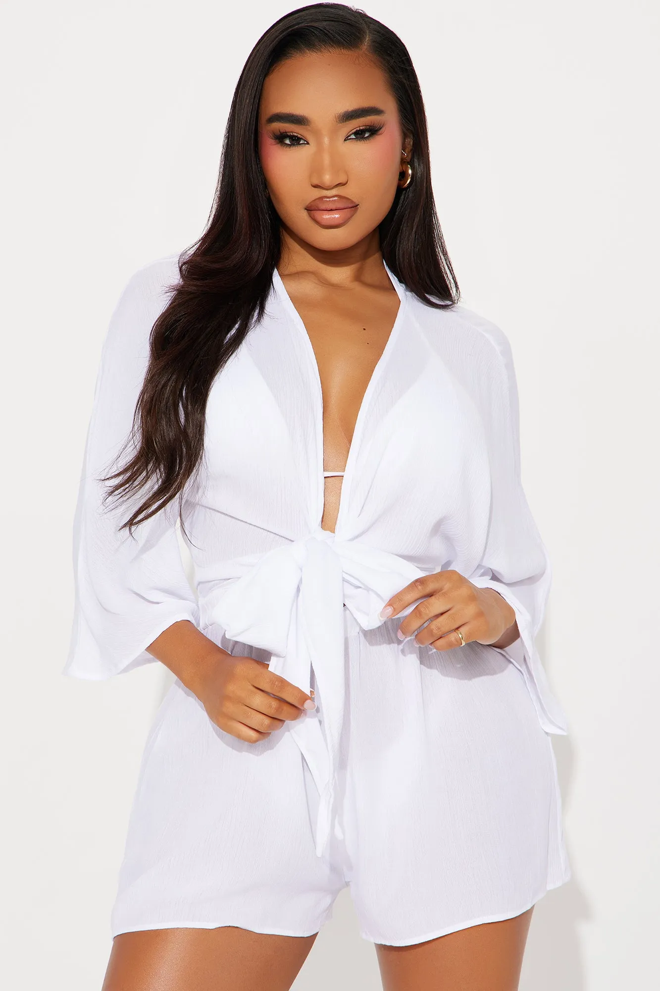 Island Sun Tie Front Cover Up Romper - White sold by Fashion Nova