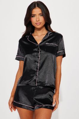 Stay in Bed Satin PJ Short Set - Black sold by Fashion Nova