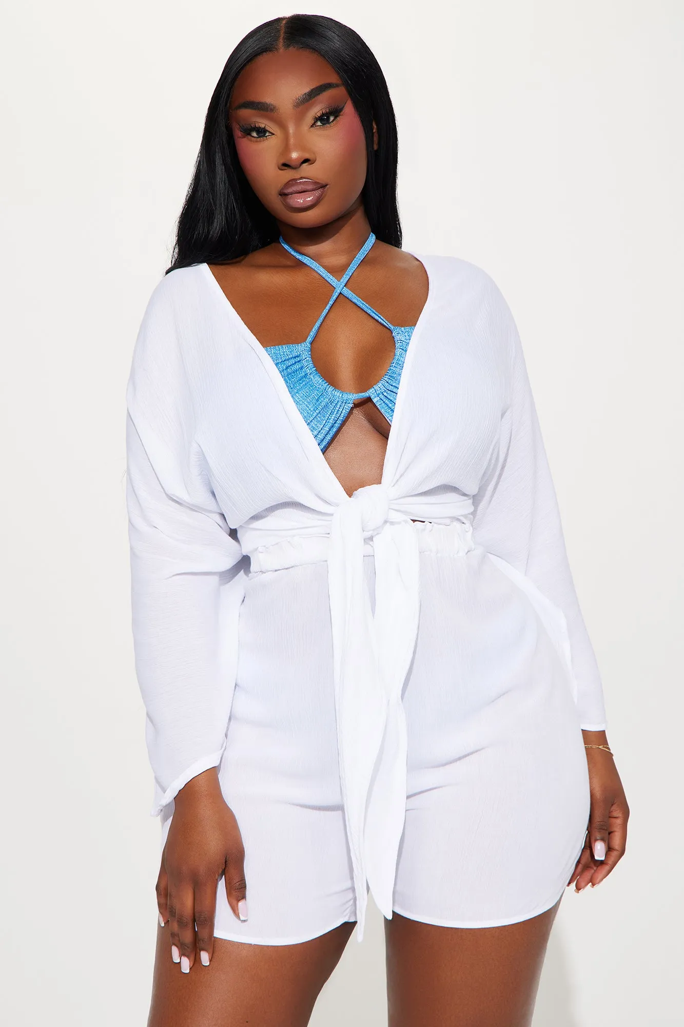 Island Sun Tie Front Cover Up Romper - White sold by Fashion Nova product image thumbnail 5