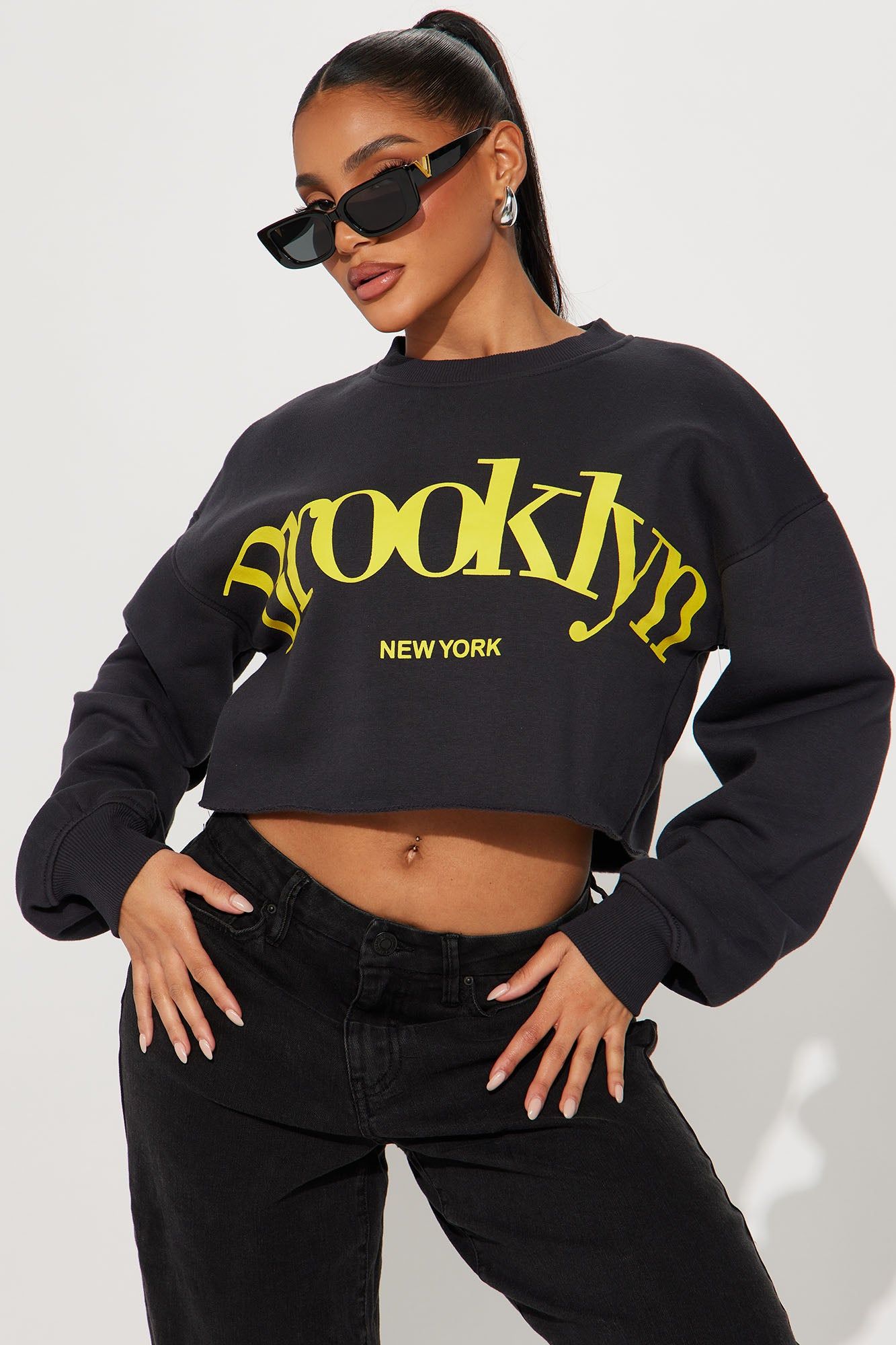 Brooklyn's Baddest Cropped Sweatshirt - Black/Yellow sold by Fashion Nova