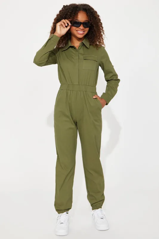 Mini Aviator Babe Jumpsuit - Olive sold by Fashion Nova