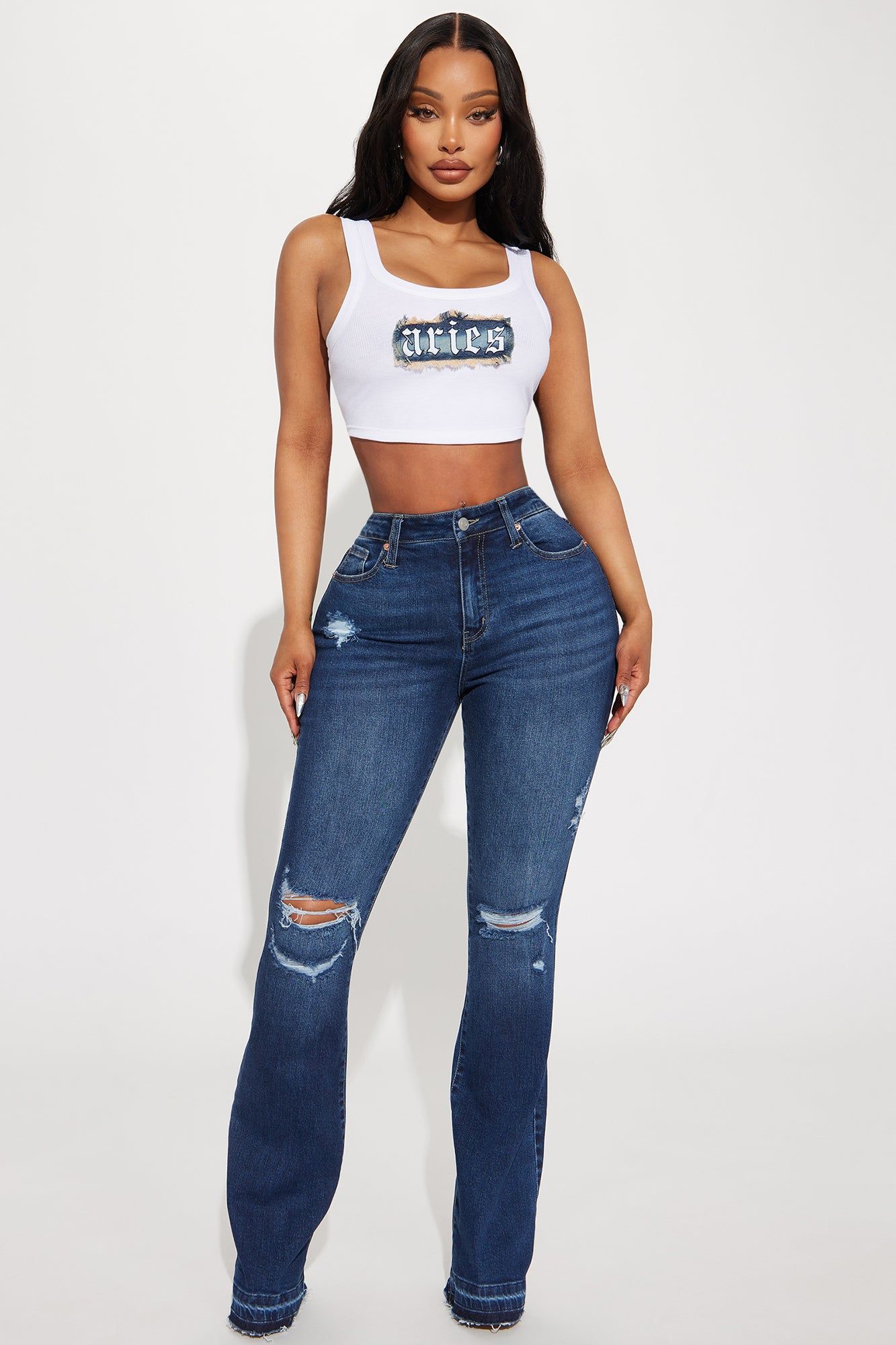 Take No Chances Ripped Stretch Flare Jeans - Dark Wash sold by Fashion Nova