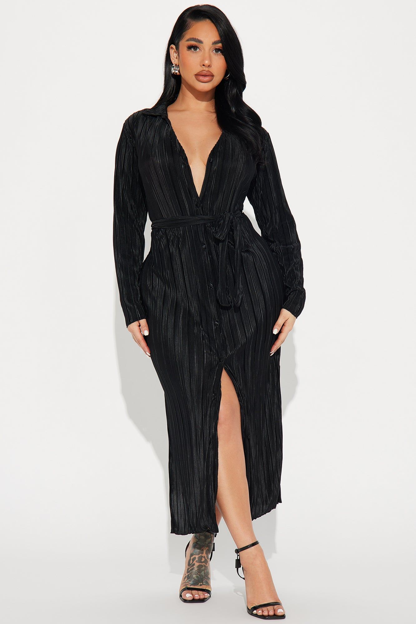 Isabella Plisse Shirt Dress - Black sold by Fashion Nova