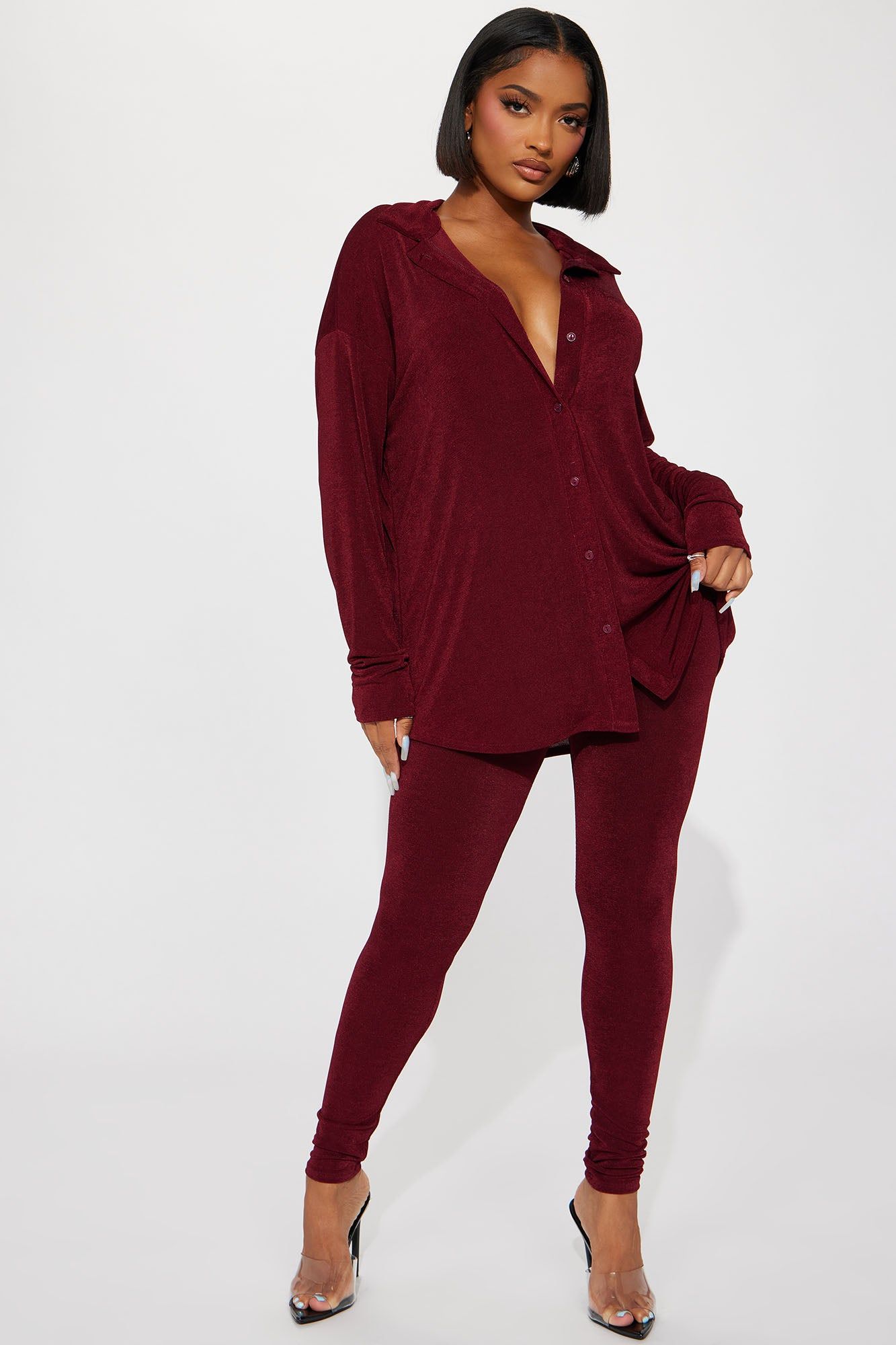 Don't Stop Slinky Legging Set - Wine sold by Fashion Nova