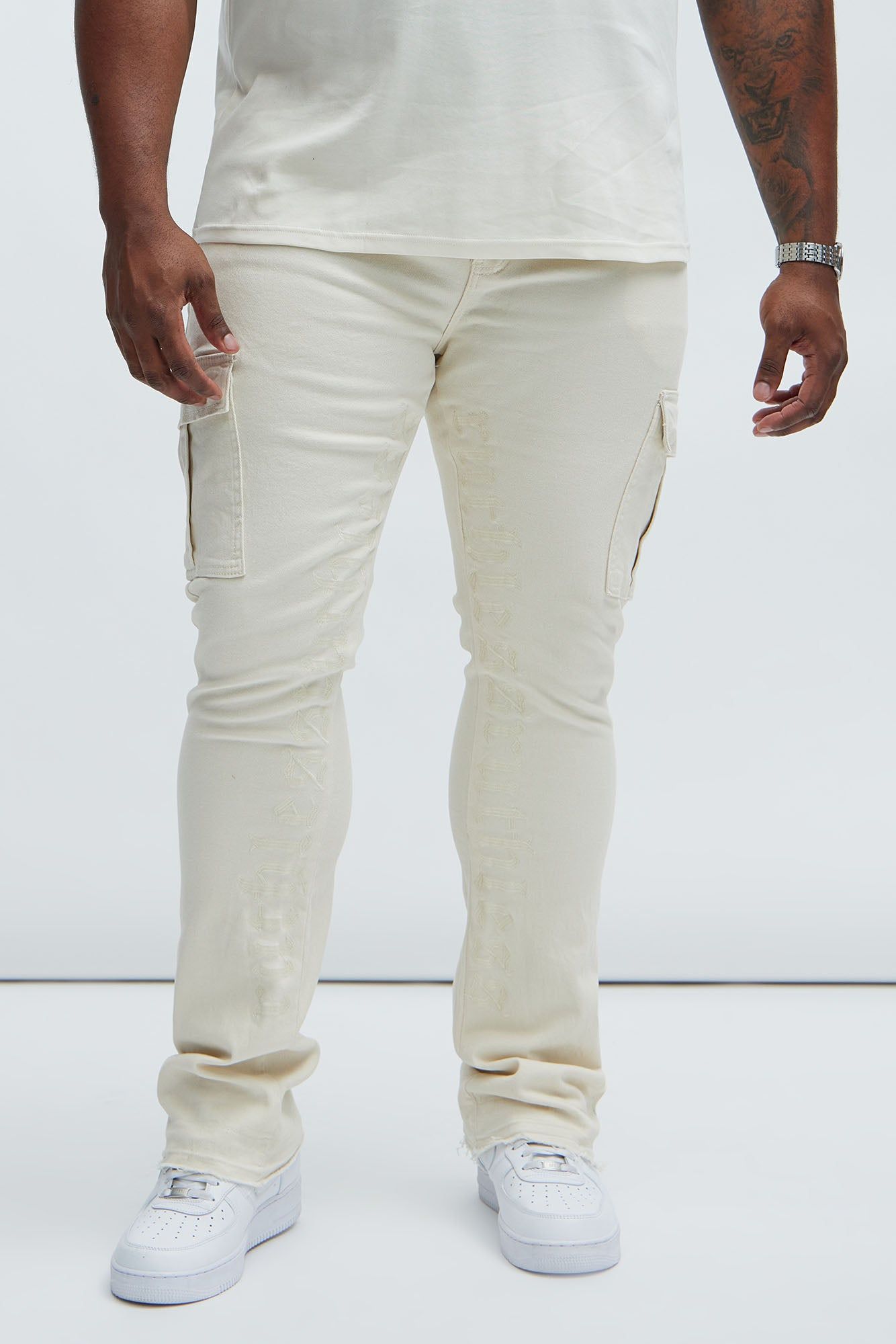 Ruthless Embroidered Stacked Skinny Cargo Flare Jeans - Off White sold by Fashion Nova product image thumbnail 5