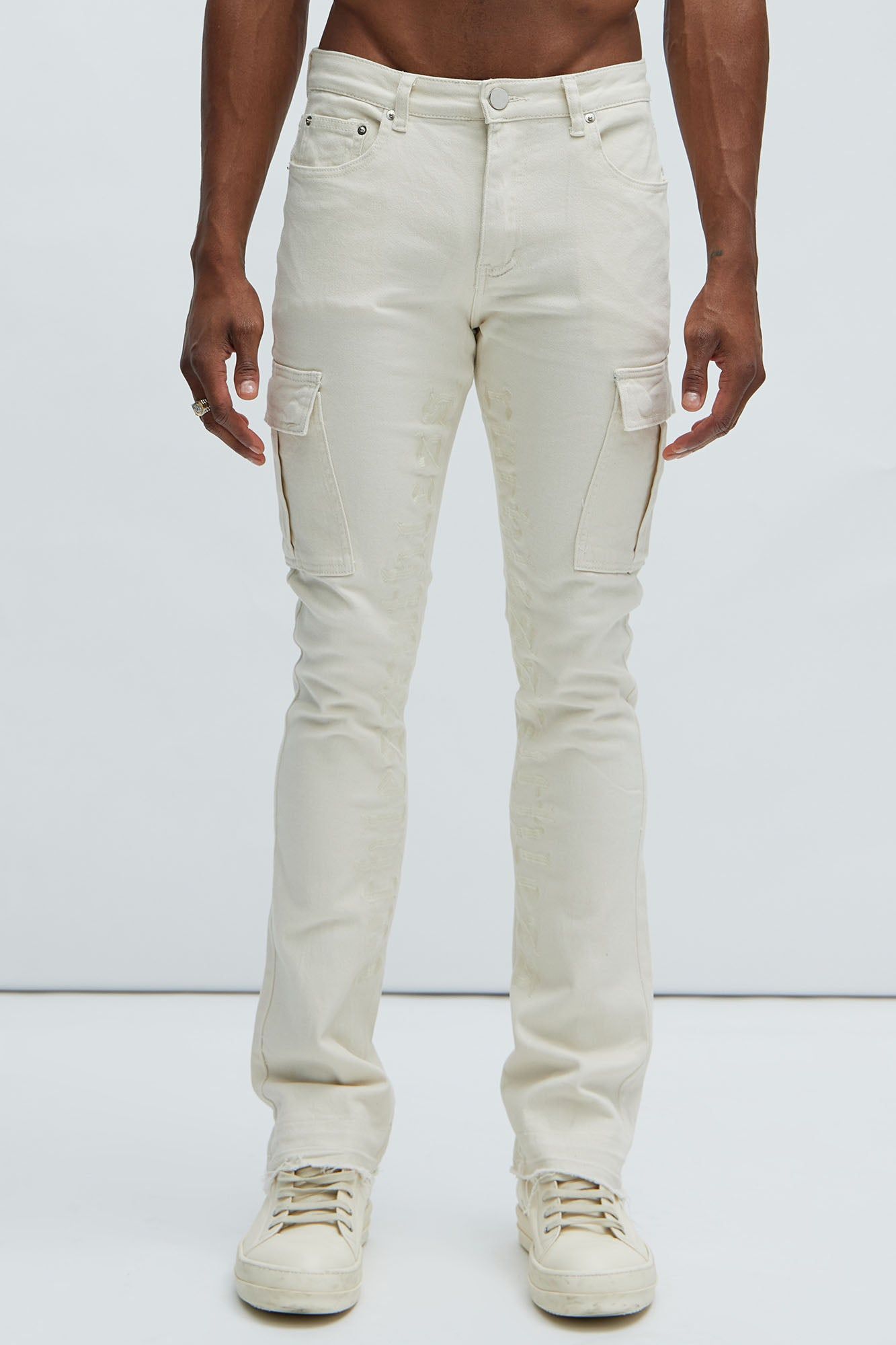 Ruthless Embroidered Stacked Skinny Cargo Flare Jeans - Off White sold by Fashion Nova product image thumbnail 3