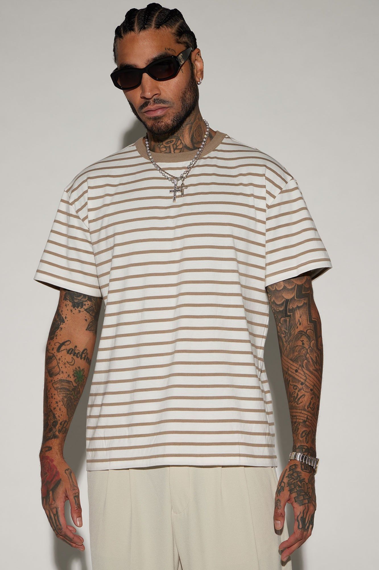 On The Line Short Sleeve Tee - Off White/combo sold by Fashion Nova