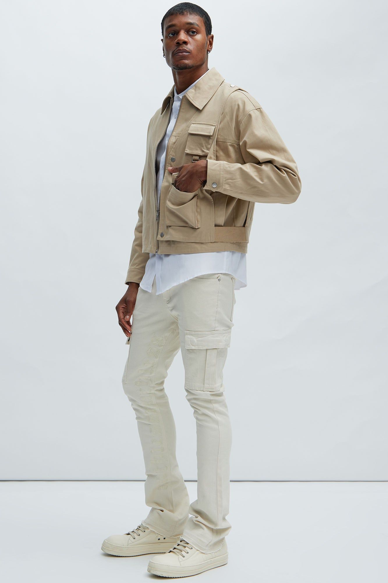 Ruthless Embroidered Stacked Skinny Cargo Flare Jeans - Off White sold by Fashion Nova product image thumbnail 2