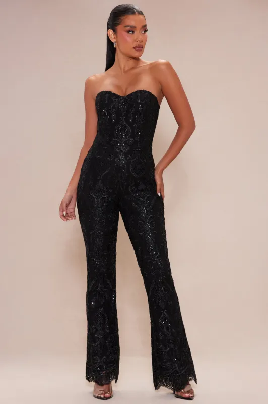 Esther Sequin Embroidered Jumpsuit - Black sold by Fashion Nova