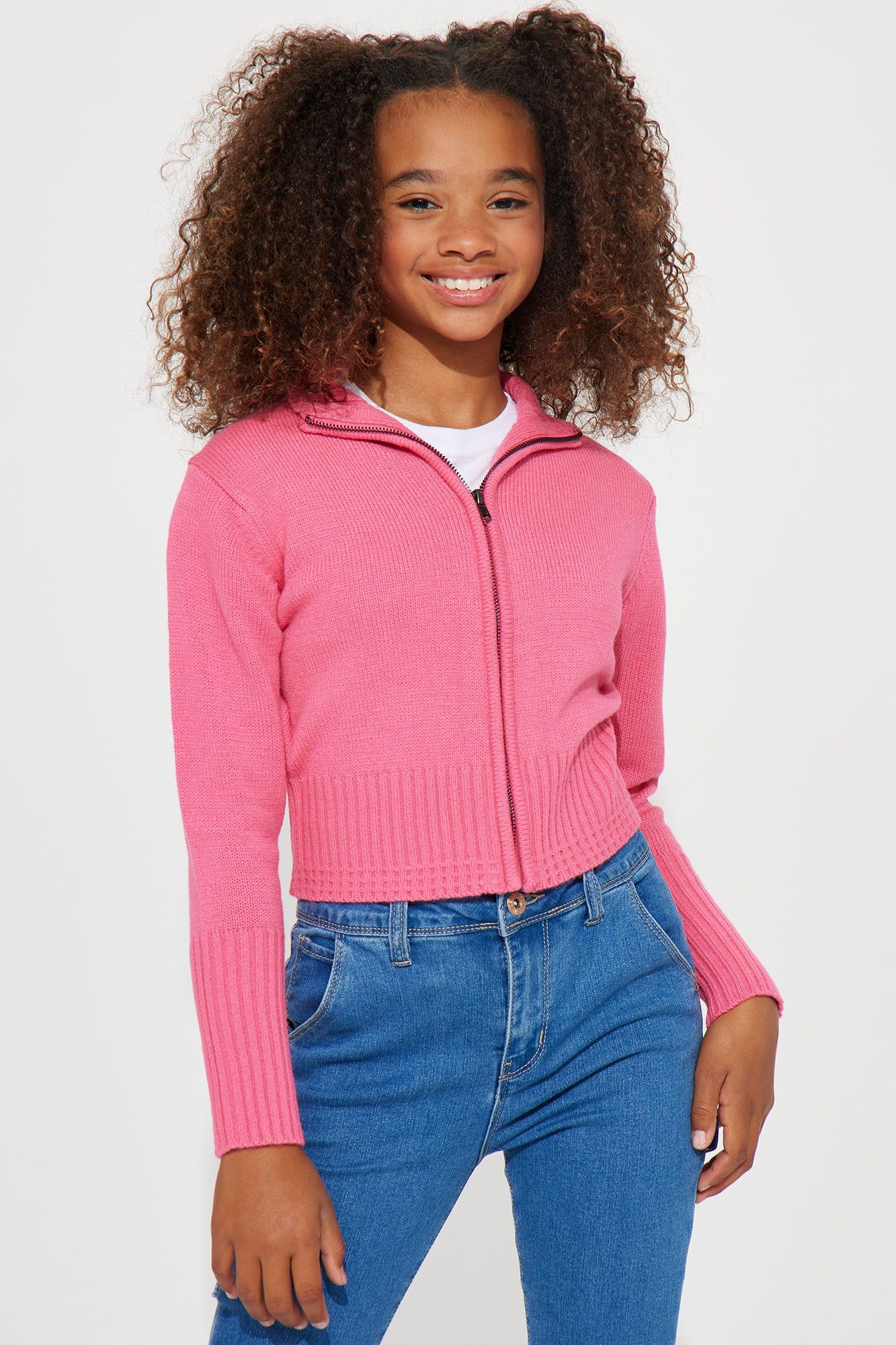 Mini Long Sleeve Acrylic Zip Up Collared Sweater - Hot Pink sold by Fashion Nova