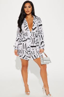 Lisa Plisse Conversational Shirt Dress - White/Black made by Fashion Nova