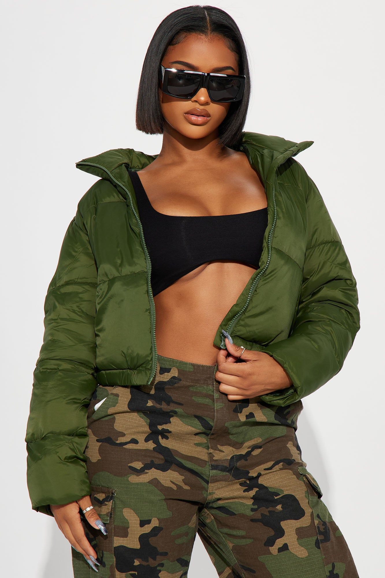 Name Your Game Puffer Coat - Hunter sold by Fashion Nova