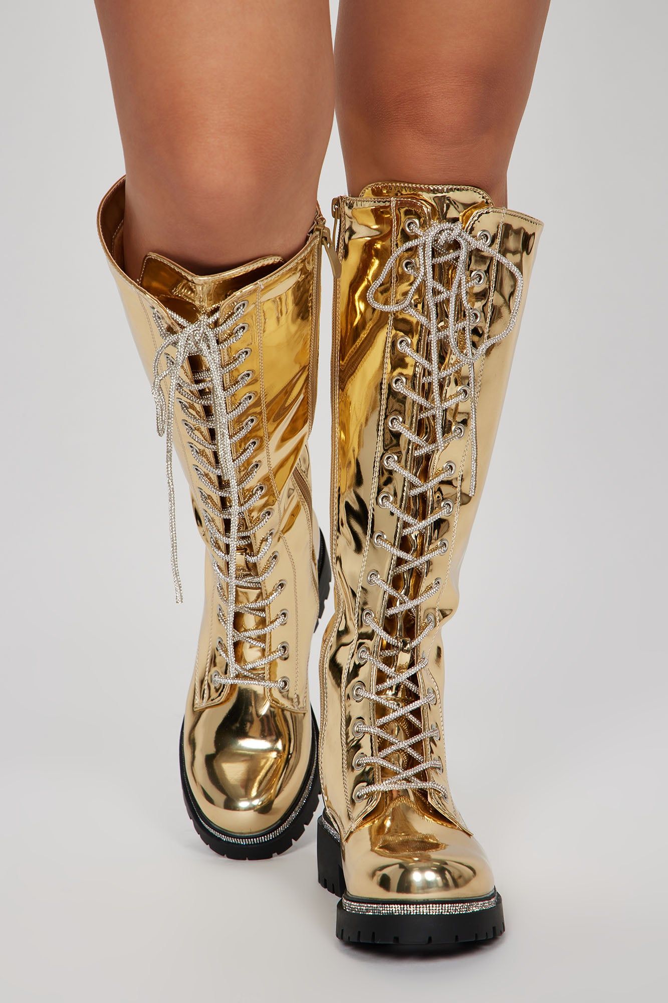 Feeling A Way Knee High Combat Boots - Gold sold by Fashion Nova