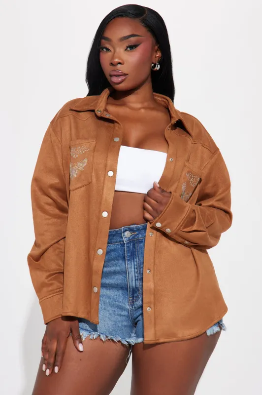 Dolly Embellished Faux Suede Shirt - Camel sold by Fashion Nova
