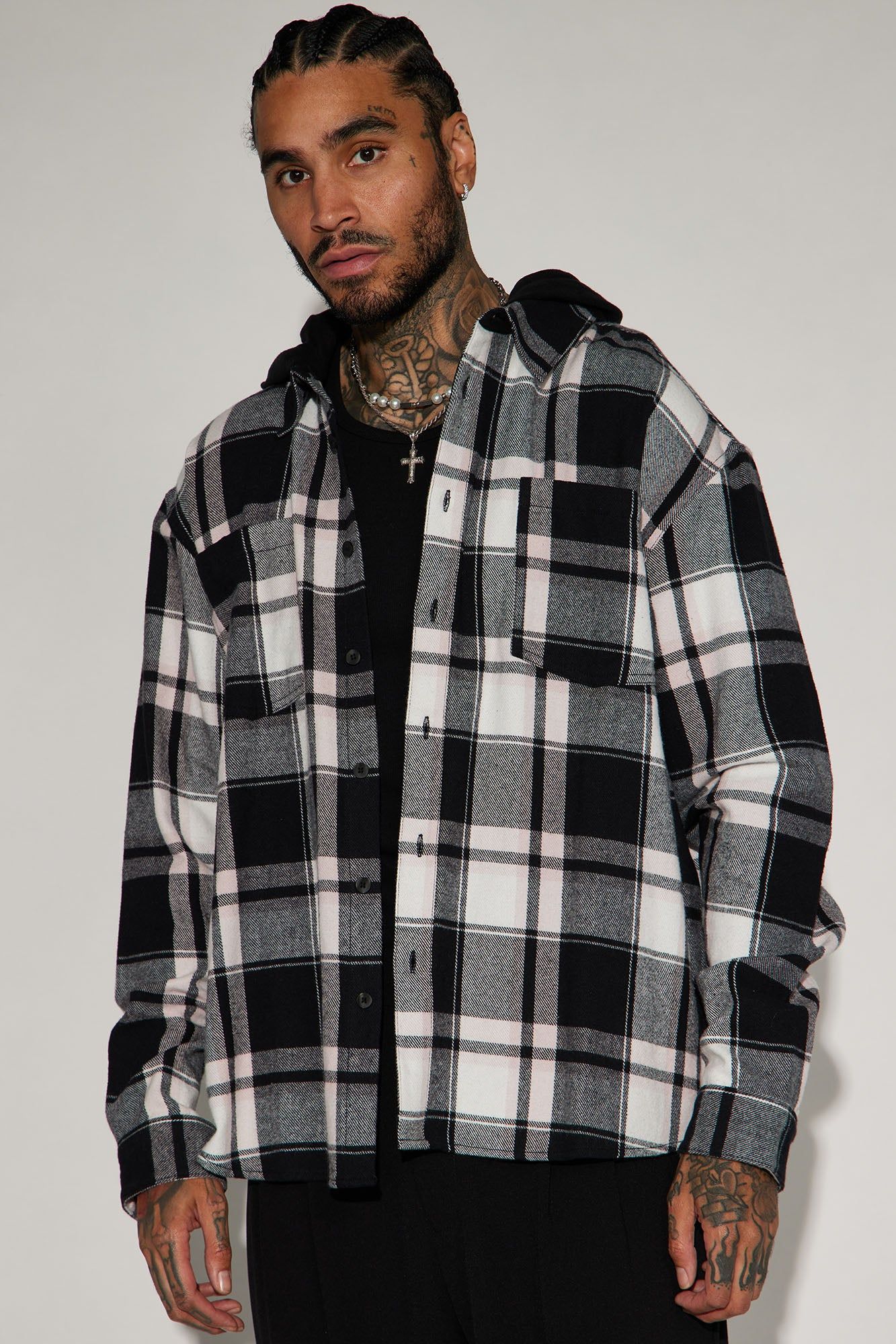 Time Gon Tell Hooded Oversized Shacket - Black/Pink sold by Fashion Nova